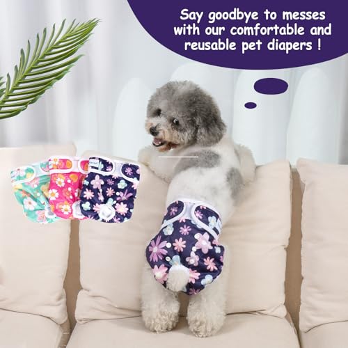 Pet Soft Washable Female Diapers (3 Pack) Female Dog Diapers, Comfort Reusable Doggy Diapers for Girl Dog in Period Heat (Bloom, M) - size: Medium:14''-19''