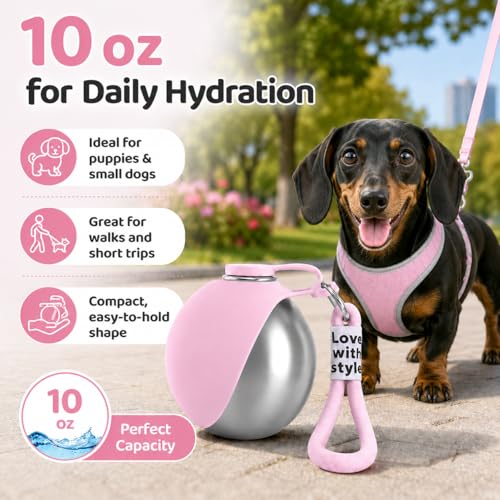 Portable Dog Water Bottle, 10 oz Stainless Steel Pet Travel Dispenser with Silicone Foldable Bowl, Leak Proof Tumbler, Dog Walking Accessories for Hiking and Small Pets (Pink) - color: Pink