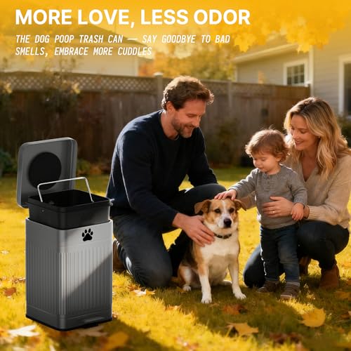 Dog Poop Trash Can Outside - 22L/6Gal Metal Outdoor Trash Can with Lid, Dog Waste Container with 20 Bags, Pet Poop Bucket with Soft Close for Backyard Odor Control, Rectangular Gray - size: 22L Rectangular Gray Trash Can