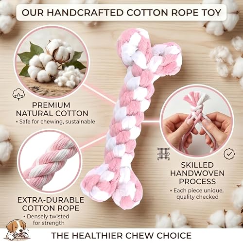 Bone-Shaped Dog Rope Chew Toy, Pink & White | Bone-Shaped Chew Toy, Durable Cotton Rope, For Teething, Training, Interactive Play, Small to Medium Dogs