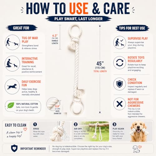 Cotton Dog Rope Toy with Dual Handles 45" Extra Long Tug Toy for Medium to Large Dogs, Durable Interactive Tug-of-War, Teeth Cleaning, Indoor Outdoor Play, White - style: Interactive Play