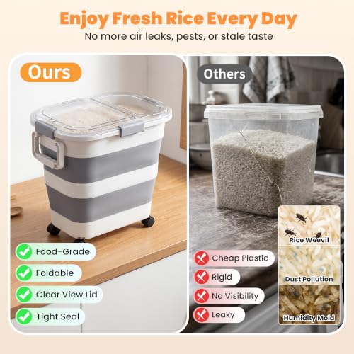 30 Lbs Rice Storage Container with Wheels, Collapsible Airtight Dog Food Storage Container with Transparent Lid, Measuring Cup, Scoop, Handle, BPA Free Rice Holder for Pet Food, Grain, Bird Seed - color: Grey/30lbs