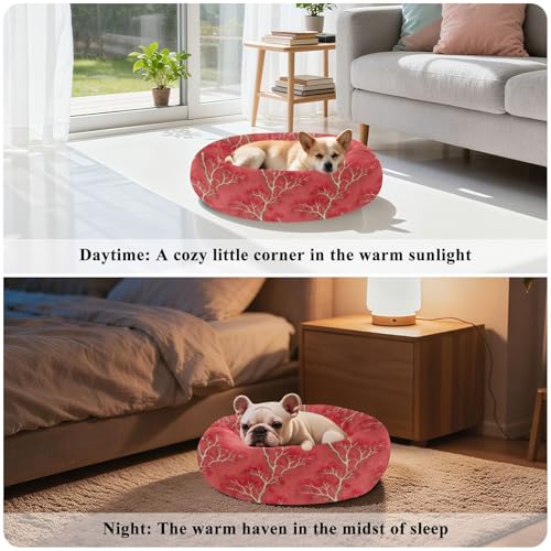 Calming Donut Dog Bed Coral Gorgeous Vivid Tree Design, 22" Washable Pet Lounger with Removable Cover, Cozy Cushion Comfort Nest for Medium Dogs - size: Medium