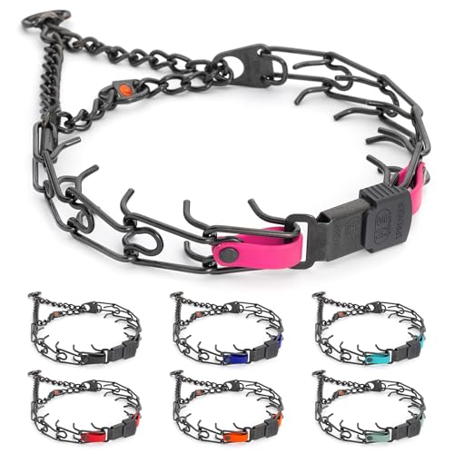 Herm Sprenger Black Stainless Steel Dog Collar with Quick Release ClicLock Buckle and Biothane Insert Training Collar Made in Germany (Passionfruit Pink, 23in x 3.2mm(Neck Size up to19-20in)) - color: Passionfruit Pink, size: 23in x 3.2mm(neck size up to1