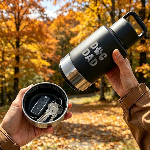 Dog Water Bottle 32oz, Insulated Stainless Steel Travel Water Dispenser with 2 Detachable Dog Bowls for Food and Water, Leak Proof Portable Pet Drinking Cup for Walking Hiking Camping - color: black dog dad