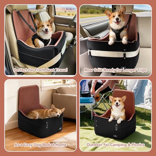 PETSFIT Dog Car Seat for Small/Medium Dogs Up to 35 lbs โ Patented Safety System, 5" Memory Foam Pet Booster Car Seat, Fully Detachable and Washable Dog Carseat with 2 Storage Pockets (Black/Brown) - color: Black/Brown