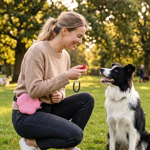 Dog Treat Pouch with Training Clicker and 2 Poop Bags, 1.8 Cup Small Sealable Zipper Silicone Fanny Pack with Waist Belt, Pet Puppy Training & Walking Essentials (Pink) - color: Pink