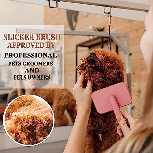 Dog Brushes for Poodle,Doodle,Goldendoodle,Labradoodle Coats Best Slicker Brush for Dogs Thick Long Curly Hair Shedding Detangles,Fluffy Grooming Fast Long Pin Slicker Brush Dematting.Wooden(Large) - color: Pink