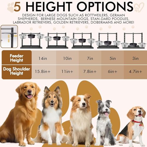 Elevated Dog Bowls Stand for Medium Large Dogs, 5 Adjustable Height Metal Raised Dog Bowl Stand 3 Food Water Bowls and Slow Feeder Bowl with Non-Slip Feet