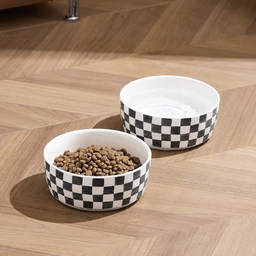6.4 inch Ceramic Hand Painted Basic Dog Bowl Set of 2 with Anti-Skid Rubber Base, Food and Water Bowls for Small Pets,Black - color: Black