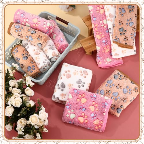 Tegeme 12 Pcs Pet Blankets 30 x 20 Inch Soft Fluffy Fleece Dog Cat Warm Paw Print Pattern Blankets Flannel Throw for Pets Dog Puppy Cat(Pink,Beige,Camel) - color: Pink, size: 30 x 20 Inch