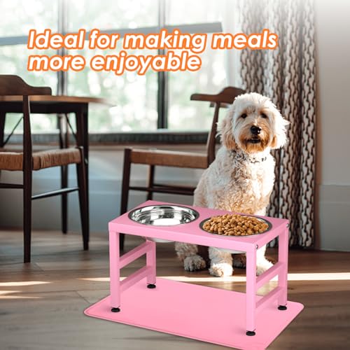 ADENGL Pink Metal Raised Dog Bowl Stand for Large Dogs, Stronger Elevated Dogs Bowls with Sprill Proof Mat, Food & Water Bowl 10in Tall Feeder (42OZ-Stainless Steel Dog Bowls, Mat-12x19 in) - color: Pink - L Silicone Dog Mat, size: Height:10inch