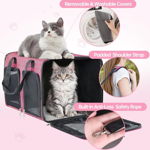 Cat Carrier for 2 Cats - Double Pet Carrier Extra Large, Dual Cabin Multi Cat Travel Carrier with Removable Divider, Collapsible, Can Hold 20 30 40 lbs for Two Small Kitten, Medium Dog Pink - color: Pink