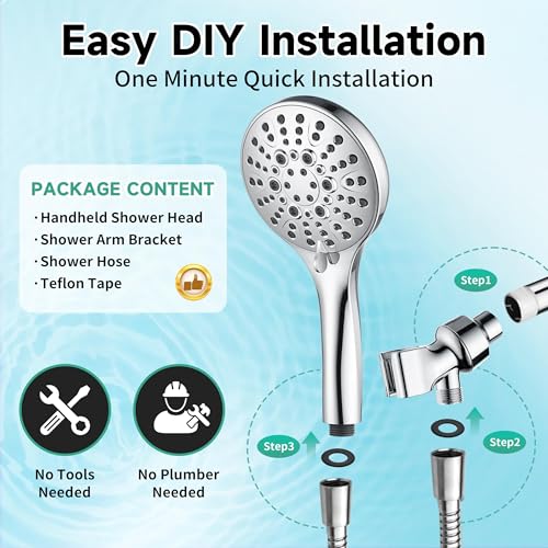 BRIGHT SHOWERS High Pressure Shower Head with Handheld, 9 Spray Settings Showerhead Built in Power Wash to Clean Tub and Pets, Extra Long 69" Hose, Adjustable Bracket, Chrome - color: Chrome, style: 2.5 GPM | 9 Modes