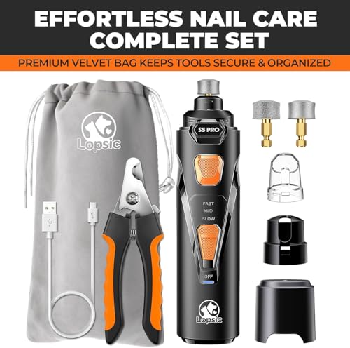 Whisper Quiet Dog Nail Grinder with 4 LED Lights, Safe & Stress-Free for Sensitive Dogs Cats of All Breeds & Sizes, 3 Grinding Bits, 3-Speed, Pet Nail Trimmers, Rechargeable Painless Grooming Kit - color: Black