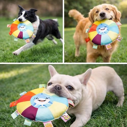 Stuffed Colorful Plush Flying Disc Dog Toy Soft Squeaky Aggressive Chewer Puppy Teething Chew Toy for Small Big Large Dogs (Shark)