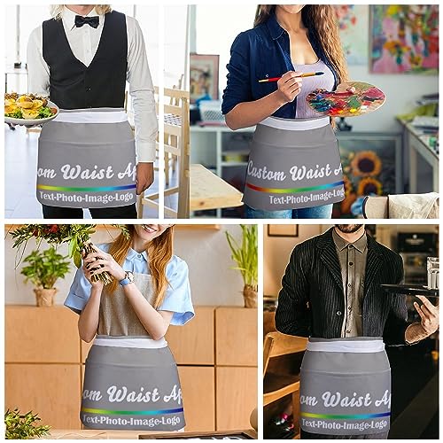 sophiehome Custom Waist Apron with Pockets Add Photo Logo Name Personalized Waiter Server Short Aprons for Kitchen - color: Gravel