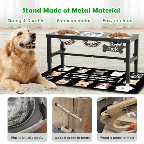 SHAINFUN Metal Elevated Dog Bowls Stand for Large Dogs with Mat & Three 58oz Food Water Bowls, Adjustable Height Raised Dog Bowl Stand - color: Black-1.7L-Three