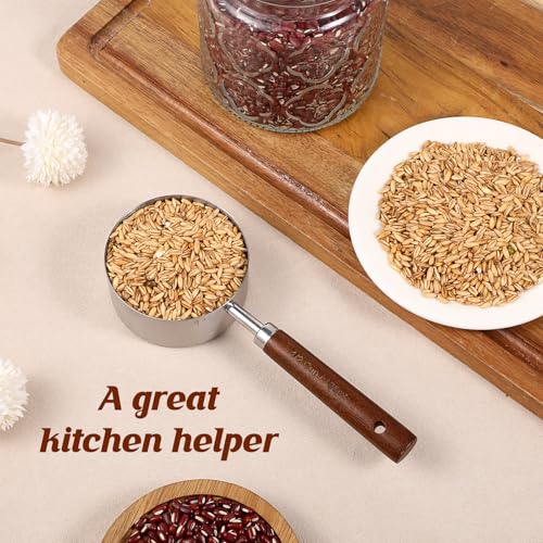 1/2 Cup Scoop, Dog Food Scoop,125ml Stainless Steel Measuring Scoops with Wooden Handle Dog Food Measuring Cup for Baking Cooking Wet and Dry Ingredients