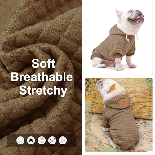 BEAUTYZOO Small Dog Hoodie Sweater with Pockets, Dog Clothes for Small Medium Dogs Boy Girl, Waffle-Like Laminated Cotton Pet Coats with Hat and Leash Hole, Khaki XXS - color: Khaki, size: XXS (Back: 8",Chest: 10", Neck: 7.5")