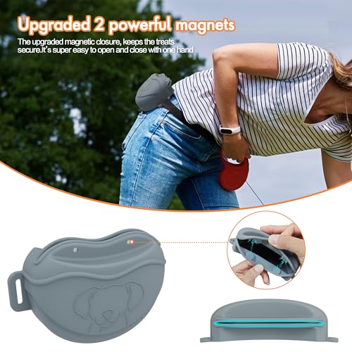 Dog Treat Pouch - Premium Silicone - Upgrade 4 Strong Magnets Enhanced Magnetic Closure, Adjustable Waist Belt - Ideal for Puppy Training and Outdoor Walks - Grey - color: Grey