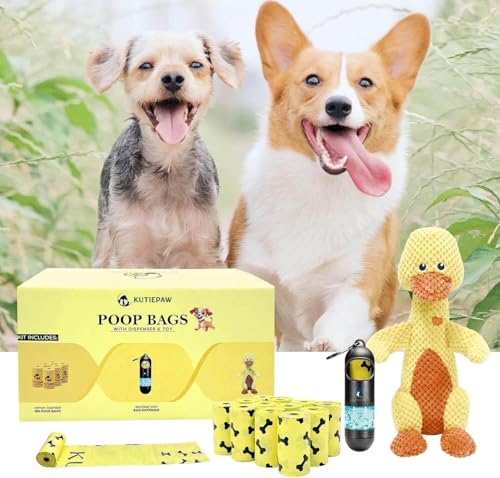 Dog Poop Bag Kit - 180 Biodegradable Lemon Scented Poop Bags for Dogs, Duck Plush Toy & Dispenser with Sanitizer - Leak Proof Extra Thick Compostable Dog Waste Bags for Eco-Friendly Walks - style: DOG KIT