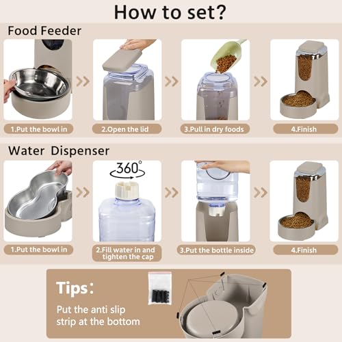 2 Pack Automatic Cat Feeder and Stainless Steel Water Dispenser, Gravity Dog Waterer Set Food Feeder and Waterer Set for Small Medium Kitten Puppy Pets(1 Gallon x 2, Brown) - color: 1 Gallon x 2 - Brown