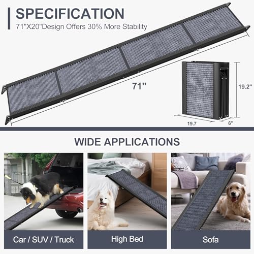 Upgraded Dog Ramp for Car 71" X-Long & 20" Wider Folding Dog Ramps for Large Dogs with Non-Slip Rug Surface Portable Dog Car Ramp for SUV Car & Truck, Outdoor Dog Ramp Up to 270 LBS - size: Upgraded 71" L x 20" W