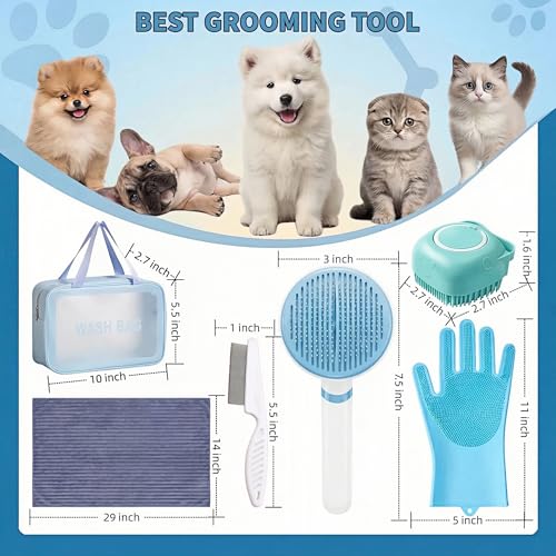 6PCS Dog Bath Kit & Dog Brush Kit for Dogs & Cats - Professional Pet Grooming Tools Set with Shedding Brush, Bath Scrubber, Dematting Comb & Storage Bag - Complete Dog Washing Essentials, Blue - color: 6PCS-Blue