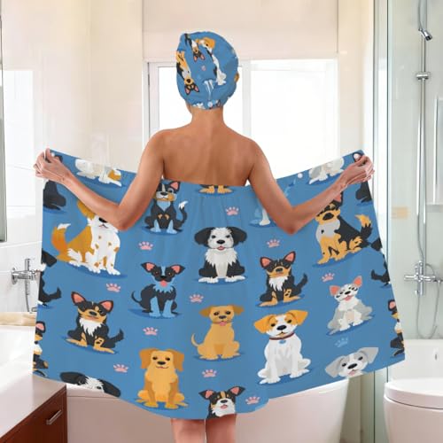 Cute Dogs Breeds Microfiber Bathrobe and Hair Towel Wrap Set for Women Quick Dry Shower Towels Wrap Absorbent Soft Bath Robe and Hair Drying Cap for Spa After Shower
