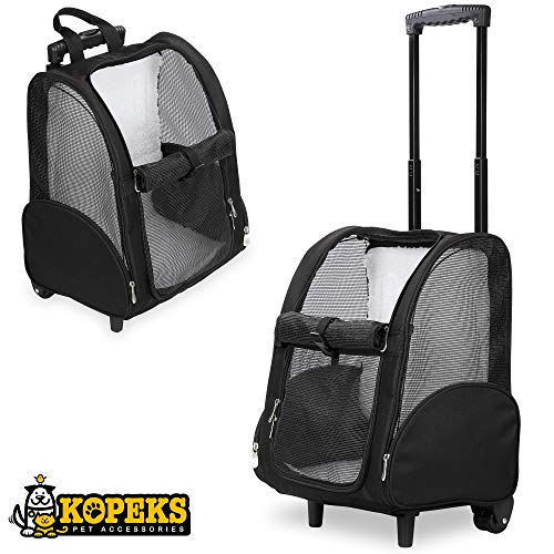 KOPEKS Deluxe Backpack Pet Travel Carrier with Double Wheels for Pets up to 10 Pounds - Black - Approved by Most Airlines - color: Black, size: 13.0"L x 12.0"W x 20.0"H