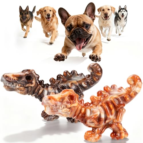 DinoBone 2-Pack Tough Dog Chew Toys for Aggressive Chewers, Rock-Hard Nylon Dinosaur Bones for Large Dogs 20–90 lbs, Almost Indestructible Dog Toys, Helps Redirect Destructive Chewing, Bacon Flavor