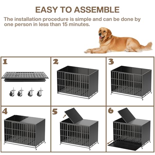 LEMBERI 42 inch Heavy Duty Indestructible Dog Crate, High Anxiety Extra Large Dog Cage for Large Dogs, XL Steel Escape Proof Dog Kennel with Wheels and Removable Tray - color: Black, size: 43.3"L x 30.7"W x 33.8"H