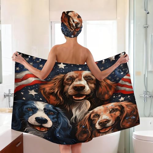 American Usa Flag Dogs Microfiber Bathrobe and Hair Towel Wrap Set for Women Quick Dry Shower Towels Wrap Absorbent Soft Bath Robe and Hair Drying Cap for Spa After Shower