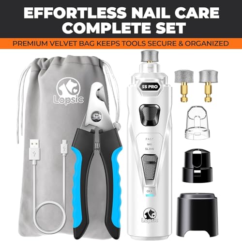Whisper Quiet Dog Nail Grinder with 4 LED Lights, Safe & Stress-Free for Sensitive Dogs of All Breeds & Sizes, 3 Grinding Bits, 3-Speed, Pet Nail Trimmers, Rechargeable Painless Grooming Kit White - color: White