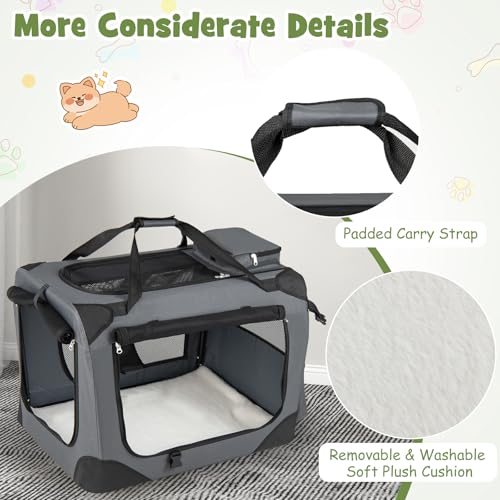 Giantex Folding Soft Dog Crate, 28 Inch Foldable Portable Dog Kennel for Medium Dogs up to 35 lbs, Collapsible Soft-Sided Pet Travel Crate with 5-Sided Mesh, 3 Doors, Washable Mat & Storage Pockets - size: 28.0"L x 21.0"W x 21.0"H