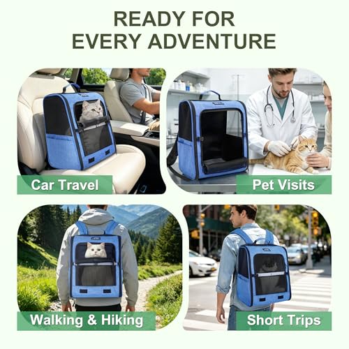 Cat Backpack Carrier with Ventilation Mesh and Safety Leash, Lightweight Dog Travel Backpack with Pockets, Reflective Strip, and Removable Mat,Hiking and Outdoor Use,Blue