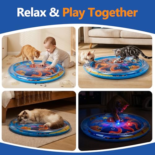 Thickened Cat Sensory Water Play Mat, Interactive Aqua Cats Water Mat with Floating Fish and 2 Balls for Cats & Dogs, Indoor Pet Water Bed Play Mat - color: Round