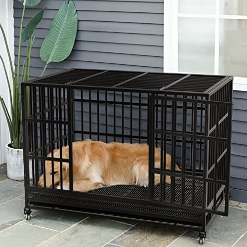 LEMBERI 48" Heavy Duty Dog Crate, Indestructible Escape-Proof Cage Kennel for Large Dogs, High Anxiety Dog Crate with Removable Wire Trays & Lockable Wheels, Extra Large XL XXL, Black - color: Black, size: 47.2"L x 30.7"W x 36"H