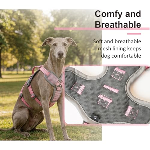 ThinkPet Flexfit 3-Strap Escape Proof Dog Harness, No Pull Front Clip 2-in-1 Vest with Control Handle, 360° Reflective Breathable Adjustable Harness for Greyhound Whippet Vizsla, Large, Pink - color: Pink, size: Large