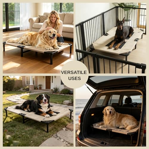 Elevated Dog Bed for Large Dogs, Cooling Mesh Raised Pet Cot with Waterproof 1680D Oxford Cover, Anti-Static Easy Clean Washable Cover, Heavy Duty Steel Frame, Non-Slip (Beige, 46"L x 29"W x 7.5"Th) - color: Beige