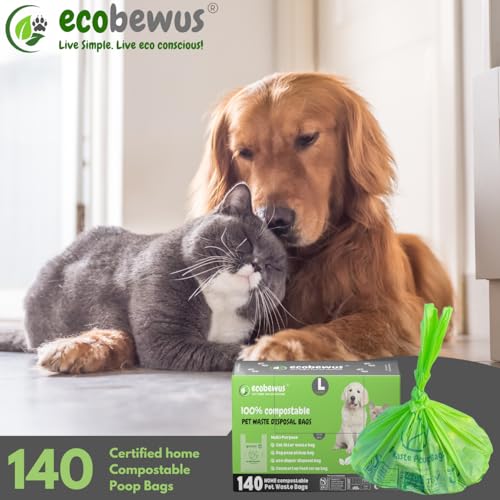 100% Compostable Pet Waste Disposal Bag (140 ct.) Plant-Based Cat Litter Poop Waste Pick-Up Bags with Handles Dog poop Bags Disposable Compost Food Scrap Liners (140 ct.)