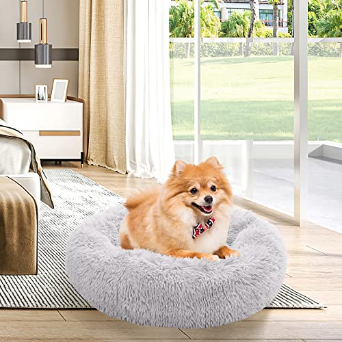 NOYAL Calming Dog Bed Donut Anti Anxiety Fluffy Dog Bed for Small Medium Dog and Cat - color: Light gray, size: Large 27.5''