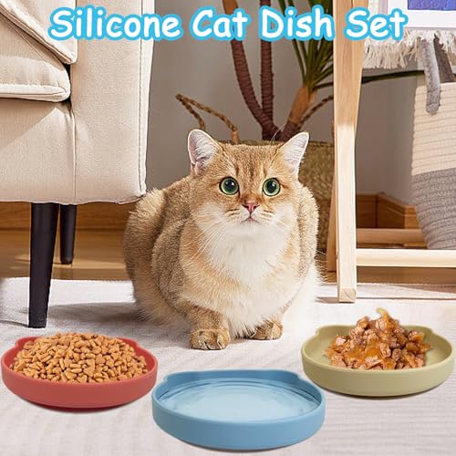 Suction Cup Cat Bowl Silicone Cats Food Bowls 7" Shallow Kitty Plates Non-Slip Pet Dishes Relief Whisker Fatigue Puppy Feeding Bowl for Dry & Wet Food (Blue) - color: 1 Pcs-(Blue), size: L: 7 inches - with Suction Cup