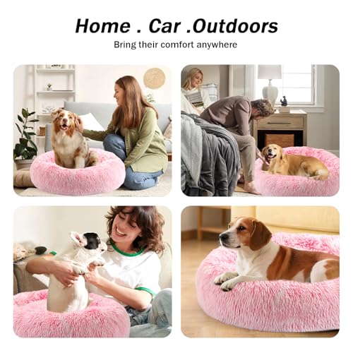 NOYAL Calming Donut Dog Bed for Small to Medium Dogs & Cats - Plush Faux Fur Anti-Anxiety Pet Bed with Machine Washable Cover & Non-Slip Base - color: Gradient Pink, size: Small 19.6''