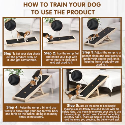 Dog Ramp for Couch, Adjustable Height Ramps for Pets to Get on Bed | Height from 18" to 23.6", with Traction Rubber Mat, Capacity 110ibs, Wooden Portable Stairs for Small Dogs - size: 39.4"L x 14.5"W x 3.3"H