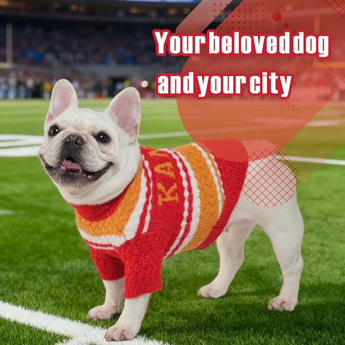 Kansas Small Dog Sweater Football Theme Turtleneck Knit Dog Sweaters for Small Pets Warm Winter Cat Dog Clothes - color: red% yellow, size: Medium