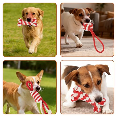 3 Pack Cotton Rope Dog Toy Set, Indestructible Chew Toys for Aggressive Chewers, Puppy Teething Toys with Bone, Human & Rope Dog Ball Designs for Boredom Relief & Tug of War, Red-White - style: Red-White suit(3 pack)