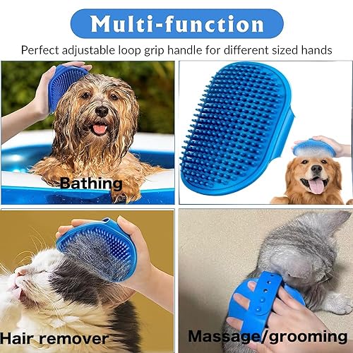 3PCS Dog Bath Brush, Dog Shampoo Brush Dog Scrubber for Bath, No Slipping Pet Shower Grooming Massaging Washing Brush with Adjustable Ring Handle for Short & Long Haired Dogs/Cats (Blue)