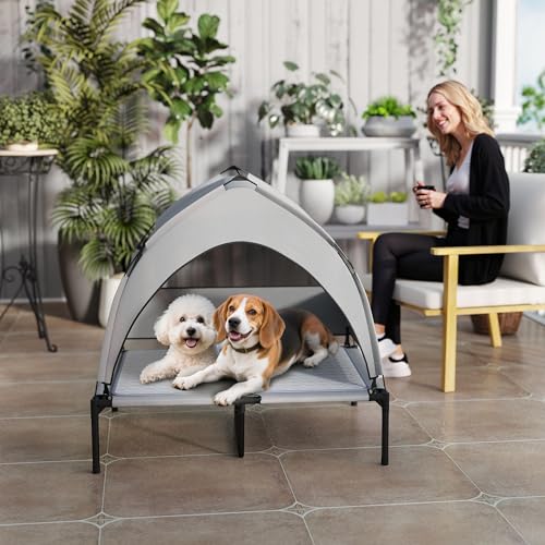 PawHut Elevated Dog Bed with Cooling Pad, Raised Outdoor Pet Bed with Removable Canopy, Breathable Mesh, Storage Bag, Portable Pet Cot for Indoor Outdoor Large Dogs, 36" x 29.5" x 35", Light Gray - size: 3' L x 2.5' W x 2.9' H